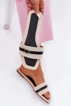 Płaskie Klapki Damskie Z Paskiem I Sprzączką Beżowo-Czarne Zilina