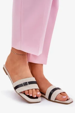 Płaskie Klapki Damskie Z Paskiem I Sprzączką Beżowo-Czarne Zilina