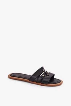 Płaskie Klapki Damskie Ze Złotym Detalem Czarne Noroti