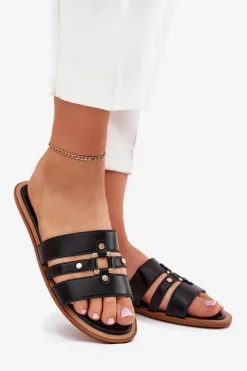 Płaskie Klapki Damskie Ze Złotym Detalem Czarne Noroti