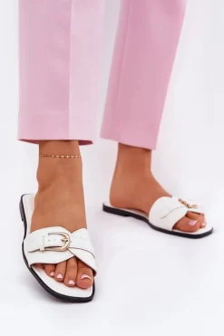 Płaskie Klapki Damskie Ze Złotą Klamrą Białe Esiobb