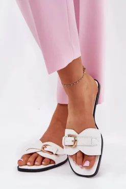 Płaskie Klapki Damskie Ze Złotą Klamrą Białe Esiobb