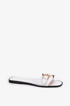 Płaskie Klapki Damskie Ze Złotą Klamrą Białe Esiobb