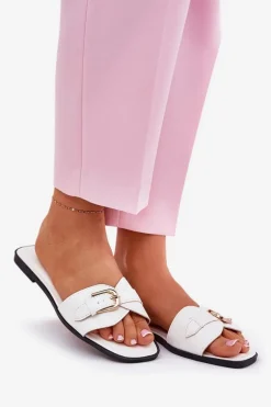 Płaskie Klapki Damskie Ze Złotą Klamrą Białe Esiobb