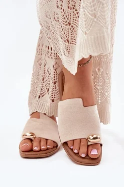 Płaskie Klapki Damskie Ze Złotym Detalem Beżowe Ebilina