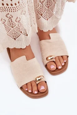 Płaskie Klapki Damskie Ze Złotym Detalem Beżowe Ebilina