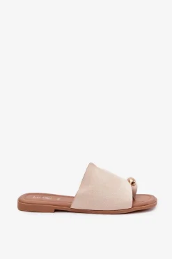 Płaskie Klapki Damskie Ze Złotym Detalem Beżowe Ebilina