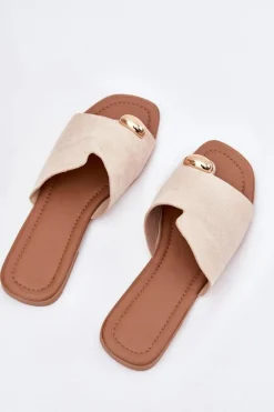 Płaskie Klapki Damskie Ze Złotym Detalem Beżowe Ebilina