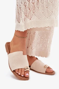 Płaskie Klapki Damskie Ze Złotym Detalem Beżowe Ebilina