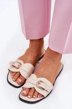 Płaskie Klapki Damskie Ze Złotą Klamrą Beżowe Esiobb