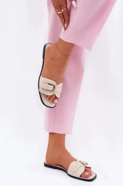 Płaskie Klapki Damskie Ze Złotą Klamrą Beżowe Esiobb