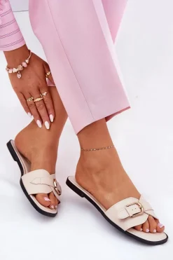 Płaskie Klapki Damskie Ze Złotą Klamrą Beżowe Esiobb