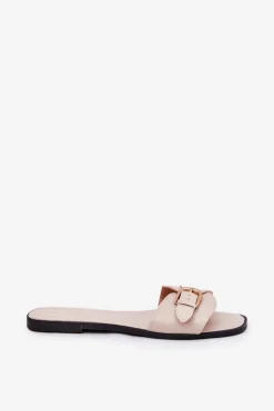 Płaskie Klapki Damskie Ze Złotą Klamrą Beżowe Esiobb