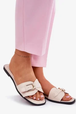 Płaskie Klapki Damskie Ze Złotą Klamrą Beżowe Esiobb