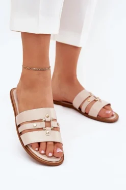 Płaskie Klapki Damskie Ze Złotym Detalem Beżowe Noroti