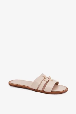 Płaskie Klapki Damskie Ze Złotym Detalem Beżowe Noroti