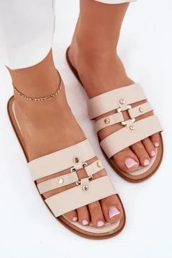 Płaskie Klapki Damskie Ze Złotym Detalem Beżowe Noroti