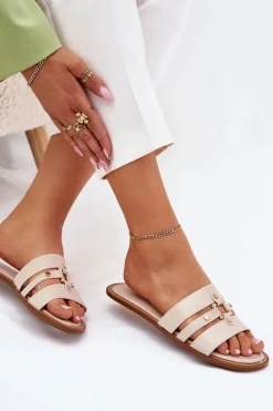 Płaskie Klapki Damskie Ze Złotym Detalem Beżowe Noroti