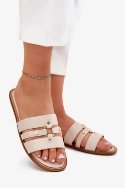 Płaskie Klapki Damskie Ze Złotym Detalem Beżowe Noroti