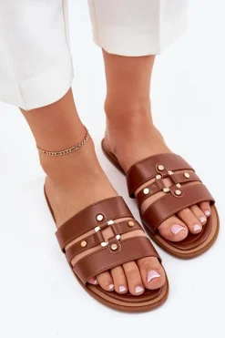 Płaskie Klapki Damskie Ze Złotym Detalem Camel Noroti