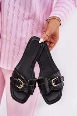 Płaskie Klapki Damskie Ze Złotą Klamrą Czarne Esiobb