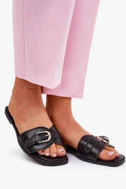 Płaskie Klapki Damskie Ze Złotą Klamrą Czarne Esiobb