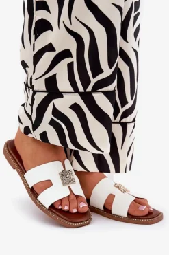 Płaskie Klapki Z Wycięciami I Ozdobą Białe Bohalis