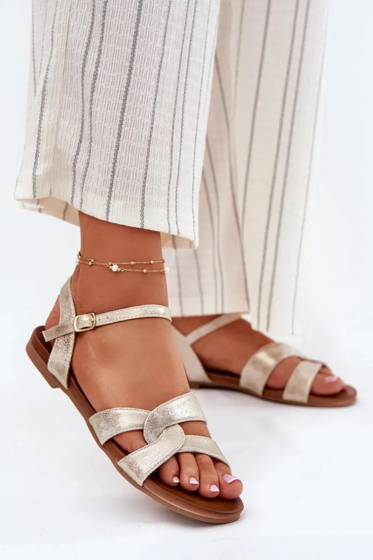 Płaskie Połyskujące Sandały Damskie S.Barski KV51-022 Złote