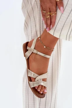 Płaskie Połyskujące Sandały Damskie S.Barski KV51-022 Złote