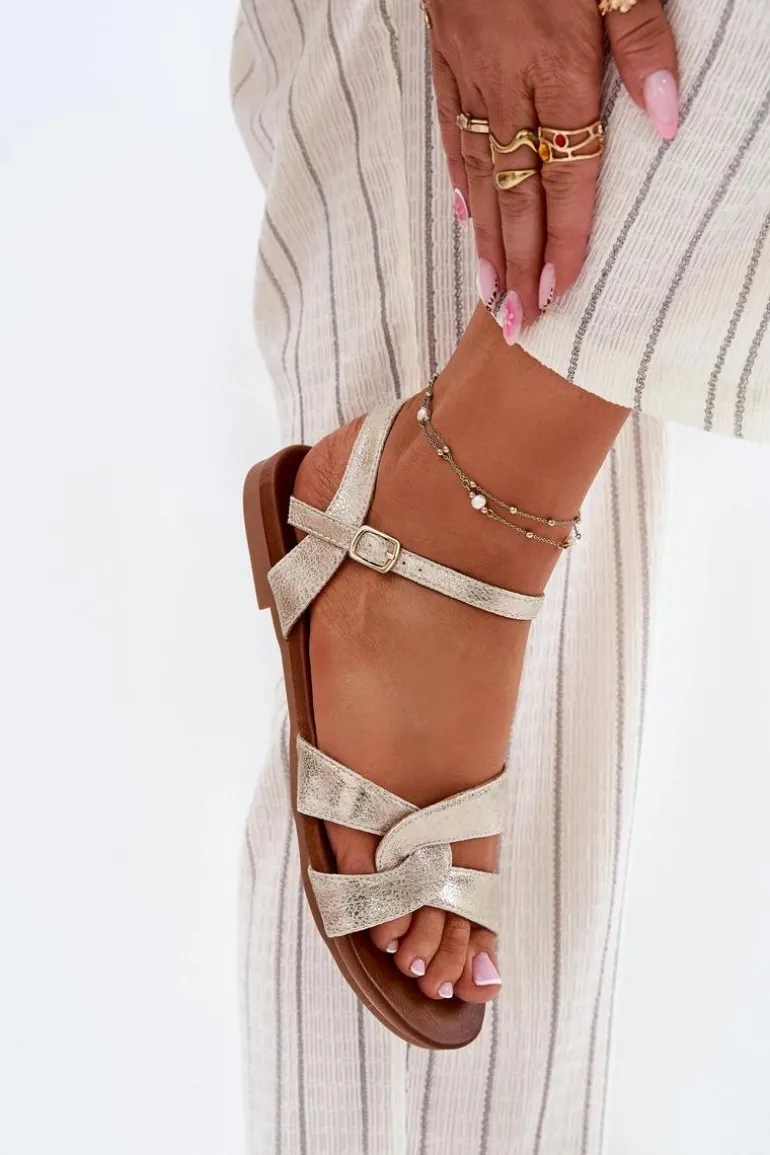 Płaskie Połyskujące Sandały Damskie S.Barski KV51-022 Złote