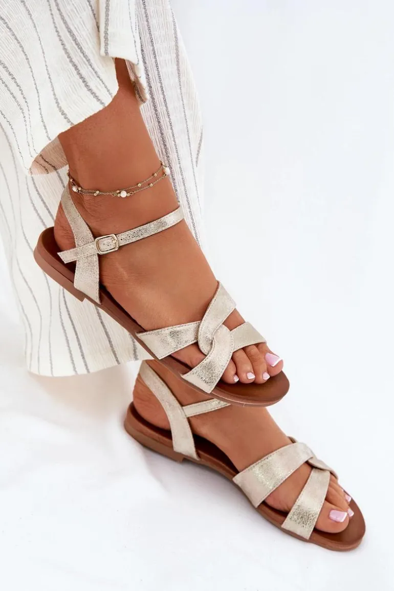 Płaskie Połyskujące Sandały Damskie S.Barski KV51-022 Złote