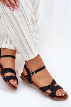 Płaskie Połyskujące Sandały Damskie S.Barski KV51-022 Czarne