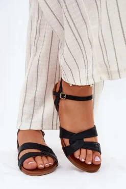 Płaskie Połyskujące Sandały Damskie S.Barski KV51-022 Czarne