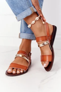 Płaskie Sandały Damskie Brązowo-Złote Doris