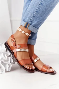 Płaskie Sandały Damskie Brązowo-Złote Doris