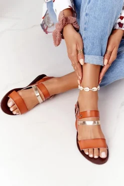 Płaskie Sandały Damskie Brązowo-Złote Doris