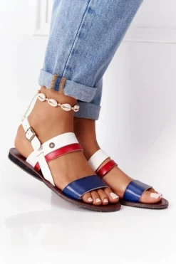 Płaskie Sandały Damskie Granatowo-Białe Doris