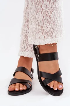 Płaskie Sandały Damskie Z Eko Skóry Czarne Kalira