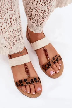 Płaskie Sandały Damskie Z Koralikami Panterka Brązowe Virona