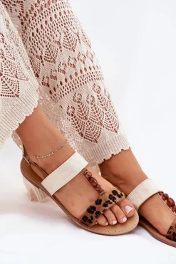 Płaskie Sandały Damskie Z Koralikami Panterka Brązowe Virona