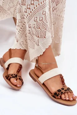 Płaskie Sandały Damskie Z Koralikami Panterka Brązowe Virona