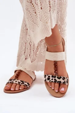 Płaskie Sandały Damskie Z Koralikami Panterka Beżowe Virona