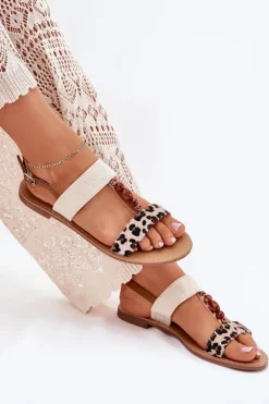 Płaskie Sandały Damskie Z Koralikami Panterka Beżowe Virona