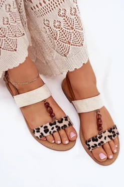 Płaskie Sandały Damskie Z Koralikami Panterka Beżowe Virona