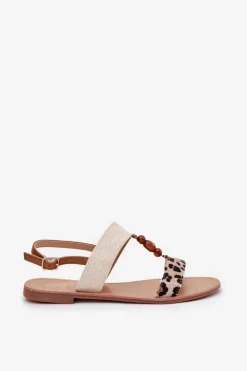 Płaskie Sandały Damskie Z Koralikami Panterka Beżowe Virona