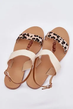 Płaskie Sandały Damskie Z Koralikami Panterka Beżowe Virona