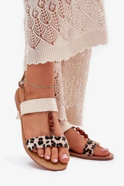 Płaskie Sandały Damskie Z Koralikami Panterka Beżowe Virona