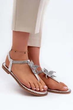 Płaskie Sandały Damskie Z Ozdobnym Kwiatkiem Srebrne Edoni
