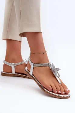 Płaskie Sandały Damskie Z Ozdobnym Kwiatkiem Srebrne Edoni