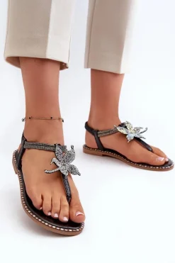 Płaskie Sandały Damskie Z Ozdobnym Kwiatkiem Czarne Edoni